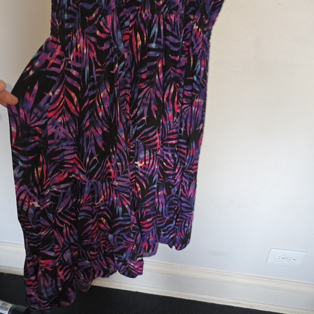 Torrid Smocked Pink and Purple Palm Leaf Dress - Plus Size: 2x - Picture 7 of 11